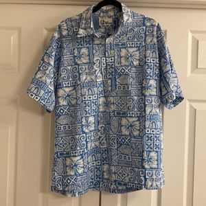 Reyn Spooner, L, blue and white Hawaiian shirt